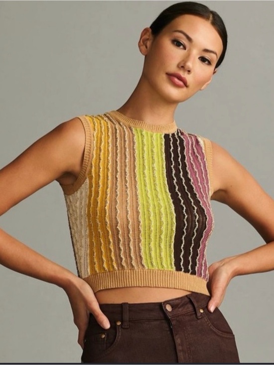 Eva Franco Tops - Anthropologie Sleeveless Multi-Stripe Knit Crop Top - Tan, Yellow, Lime